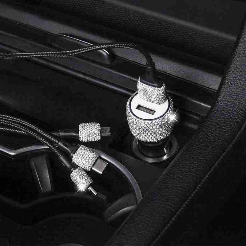 Rhinestone Decor Dual USB Car Charger Phone Fast Charging Power Adapter with Safety Hammer Function
