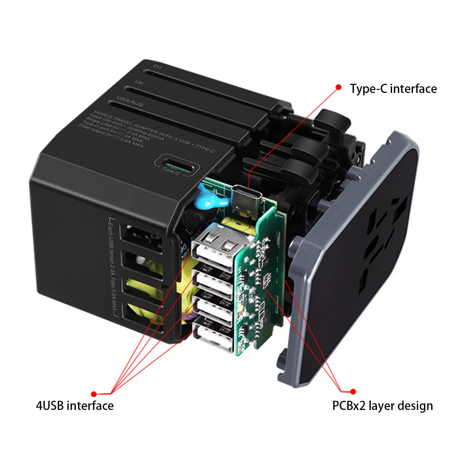 788C Universal Travel Adapter International AC Plug Adapter 5.6A High Speed Charger with 4 USB Type-C