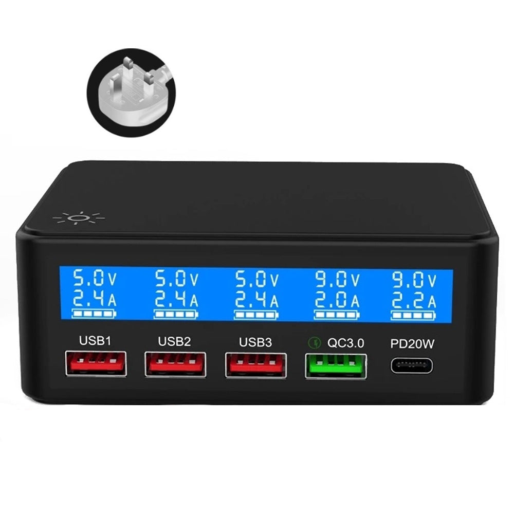 68W Max PD QC Fast Charger 5-Port Smart Charging Station Hub Fast Charging Adapter USB-A Type-C Desktop Charger with LCD Display
