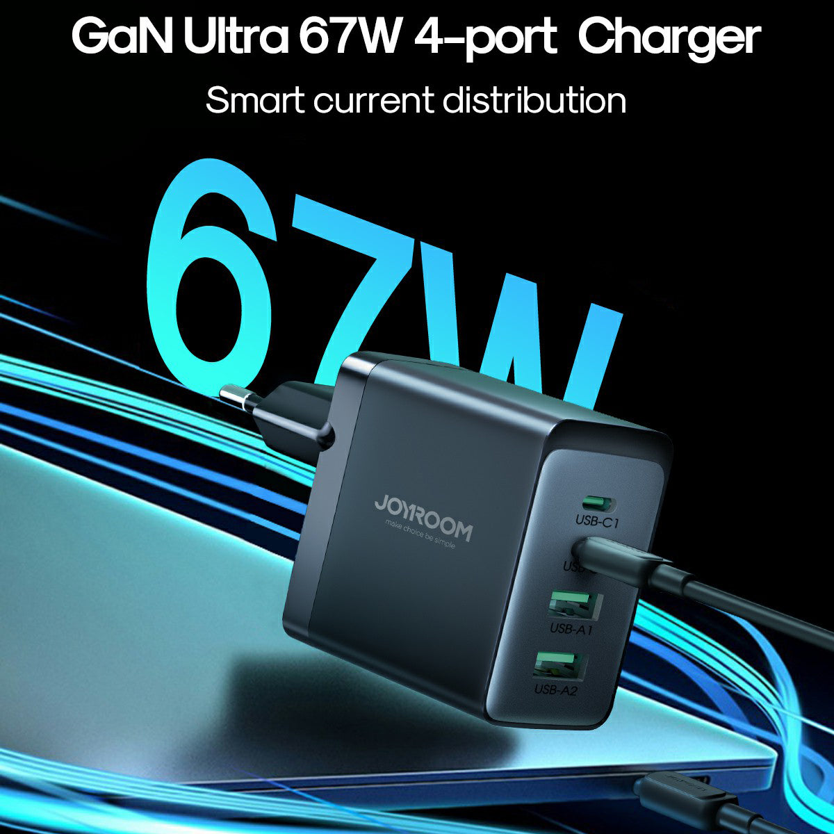 JOYROOM TCG02 GaN Ultra 67W 4-Port Fast Charger Block 2USB 2Type-C Portable Wall Charger Set with 1.2m 100W Type-C Cable