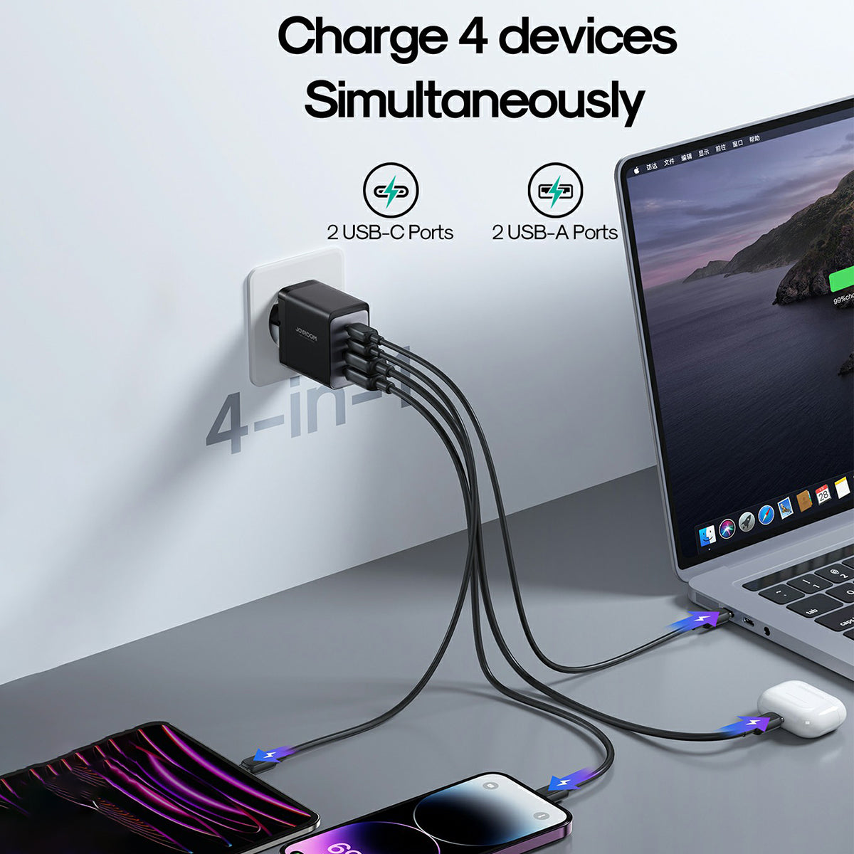 JOYROOM TCG02 GaN Ultra 67W 4-Port Fast Charger Block 2USB 2Type-C Portable Wall Charger Set with 1.2m 100W Type-C Cable