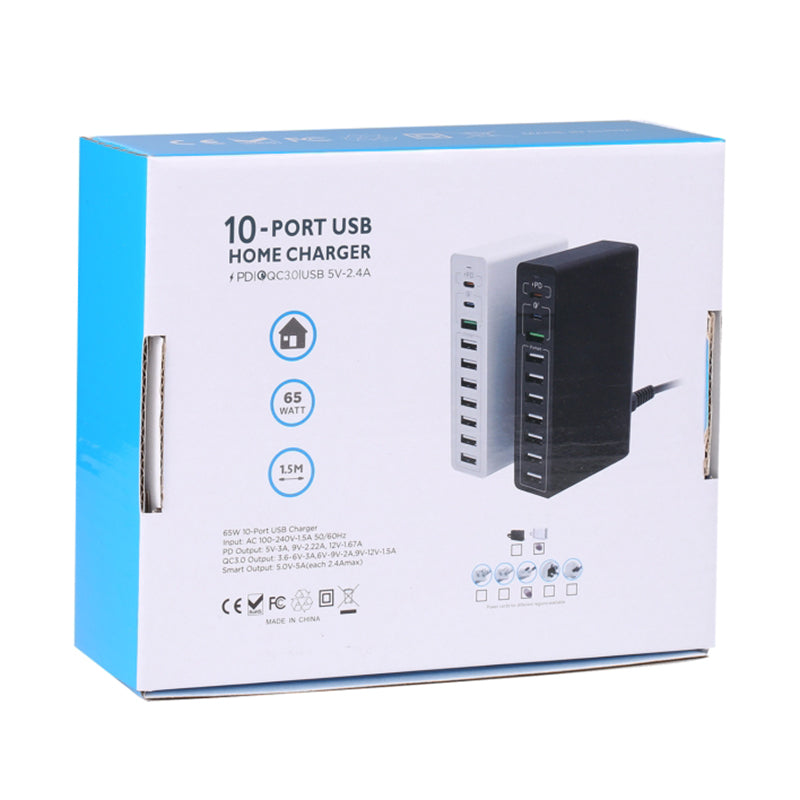 MFT-03Q USB Charger 10-Port 65W Multi-Port Type-C QC3.0 Charging Hub Compact Desktop Power Station