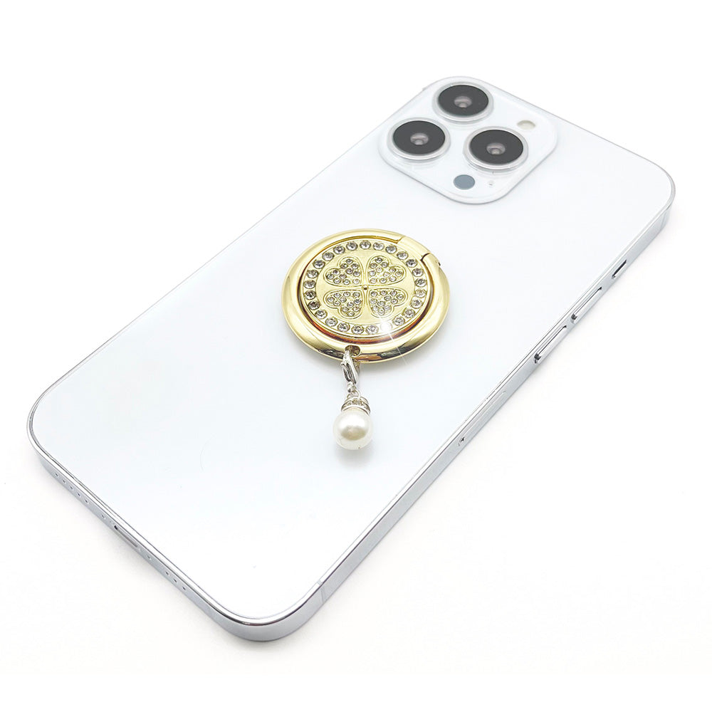 LGD Rhinestone Decor Four Leaf Clover Finger Ring Buckle Phone Holder Zinc Alloy Rotatable Cellphone Kickstand
