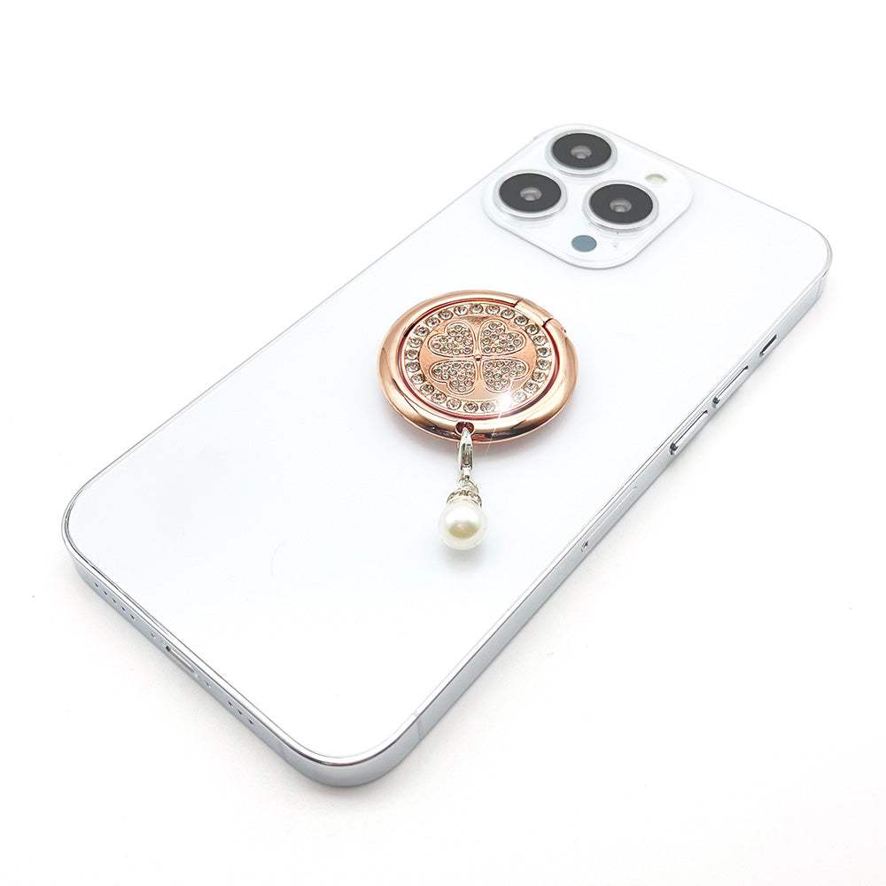 LGD Rhinestone Decor Four Leaf Clover Finger Ring Buckle Phone Holder Zinc Alloy Rotatable Cellphone Kickstand