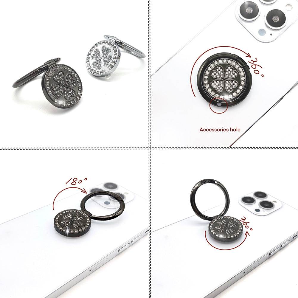 LGD Rhinestone Decor Four Leaf Clover Finger Ring Buckle Phone Holder Zinc Alloy Rotatable Cellphone Kickstand