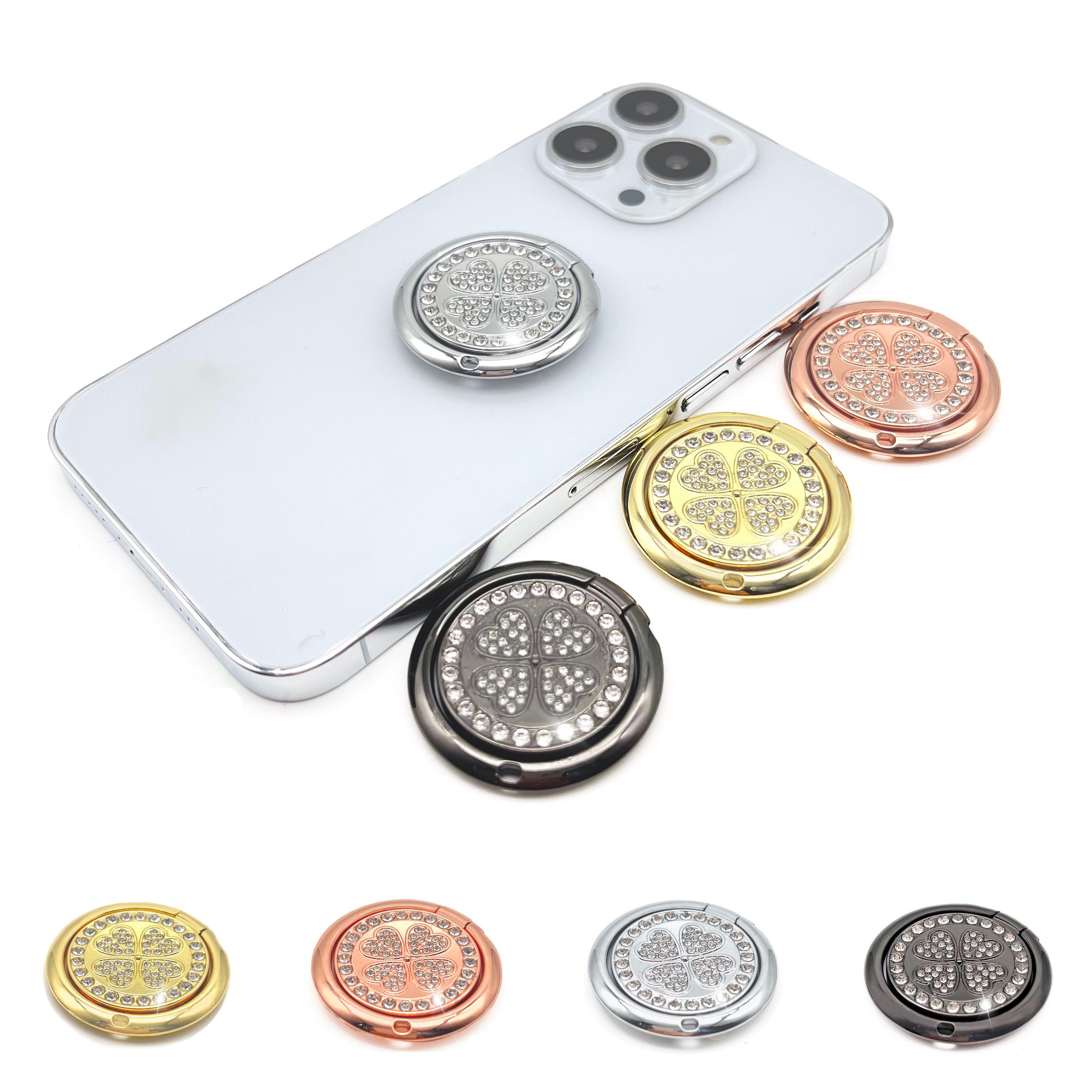 LGD Rhinestone Decor Four Leaf Clover Finger Ring Buckle Phone Holder Zinc Alloy Rotatable Cellphone Kickstand