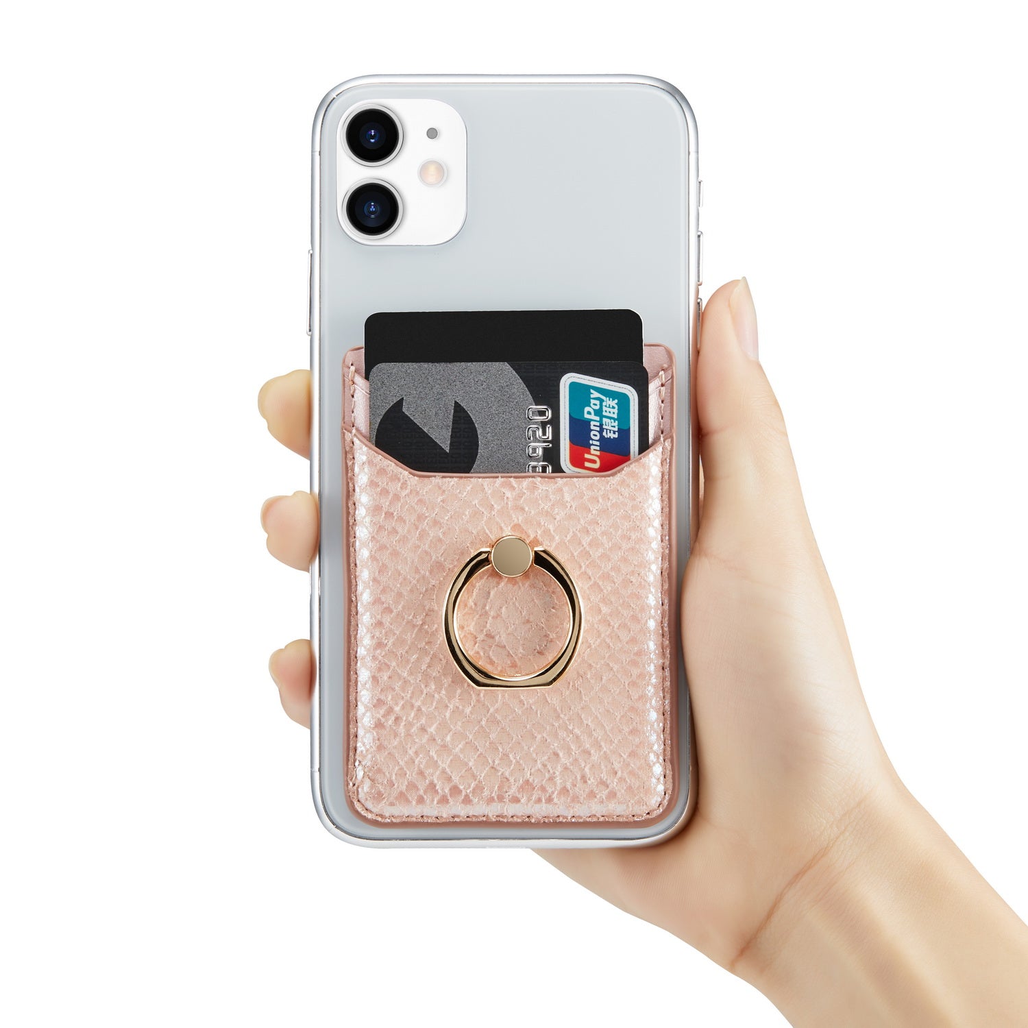 MUXMA MX112 RFID Blocking Phone Card Holder Snake Texture PU Leather Adhesive Credit Card Wallet with Ring Stand