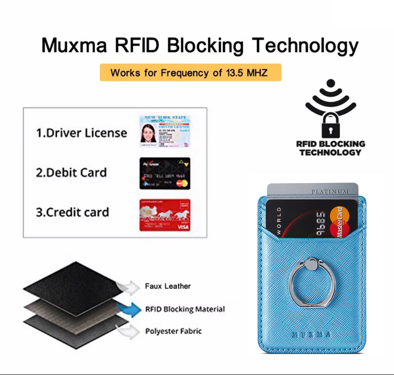 MUXMA MX112 Ring Stand Credit Card Holder Cross Texture RFID Blocking Adhesive Phone Card Holder