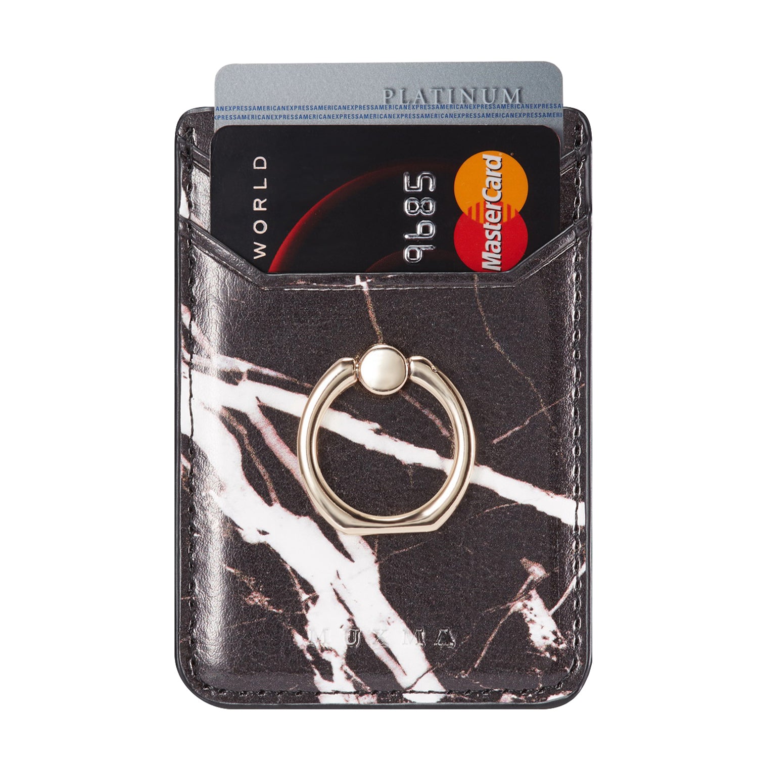 MUXMA MX112 Marble Pattern Phone Card Holder RFID Blocking PU Leather Adhesive Card Wallet Pocket with Ring Stand
