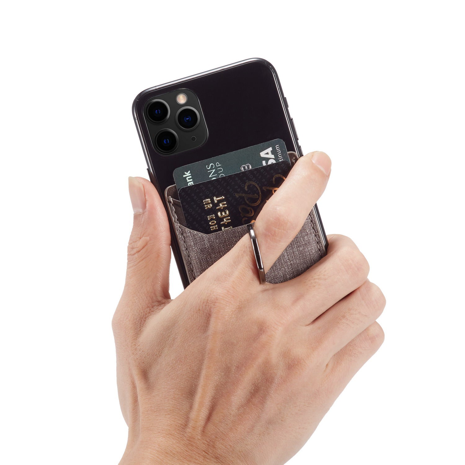 MUXMA MX112 Adhesive Phone Card Holder Canvas Texture Ring Stand RFID Blocking Card Slot