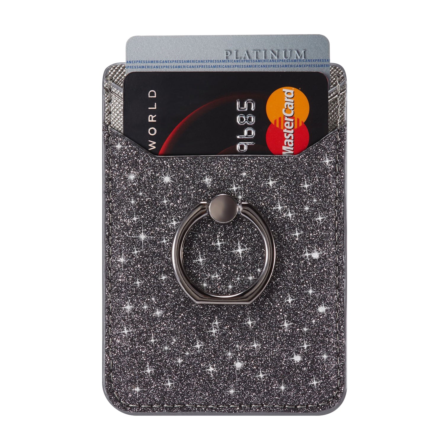 MUXMA MX112 RFID Blocking Adhesive Phone Card Holder Glittery Bling PU Leather Card Slot Pocket with Ring Stand