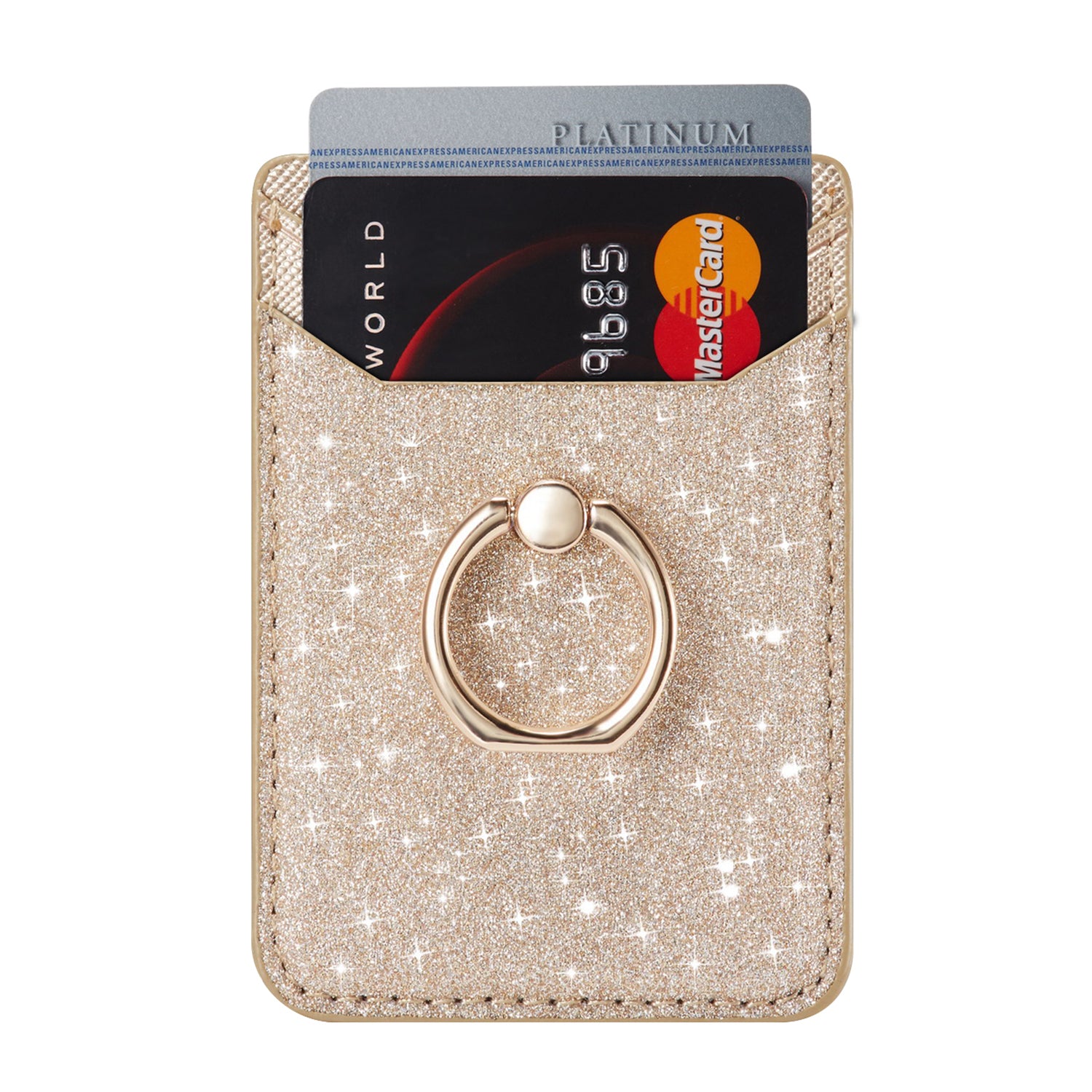 MUXMA MX112 RFID Blocking Adhesive Phone Card Holder Glittery Bling PU Leather Card Slot Pocket with Ring Stand