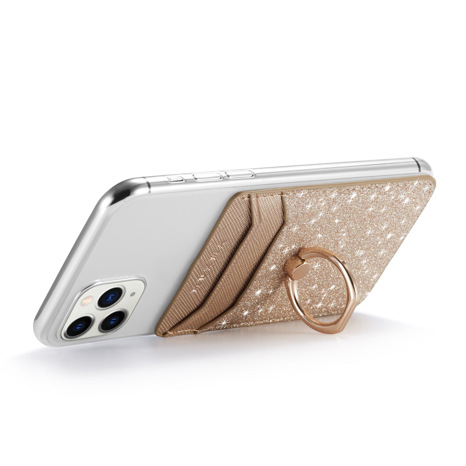 MUXMA MX112 RFID Blocking Adhesive Phone Card Holder Glittery Bling PU Leather Card Slot Pocket with Ring Stand
