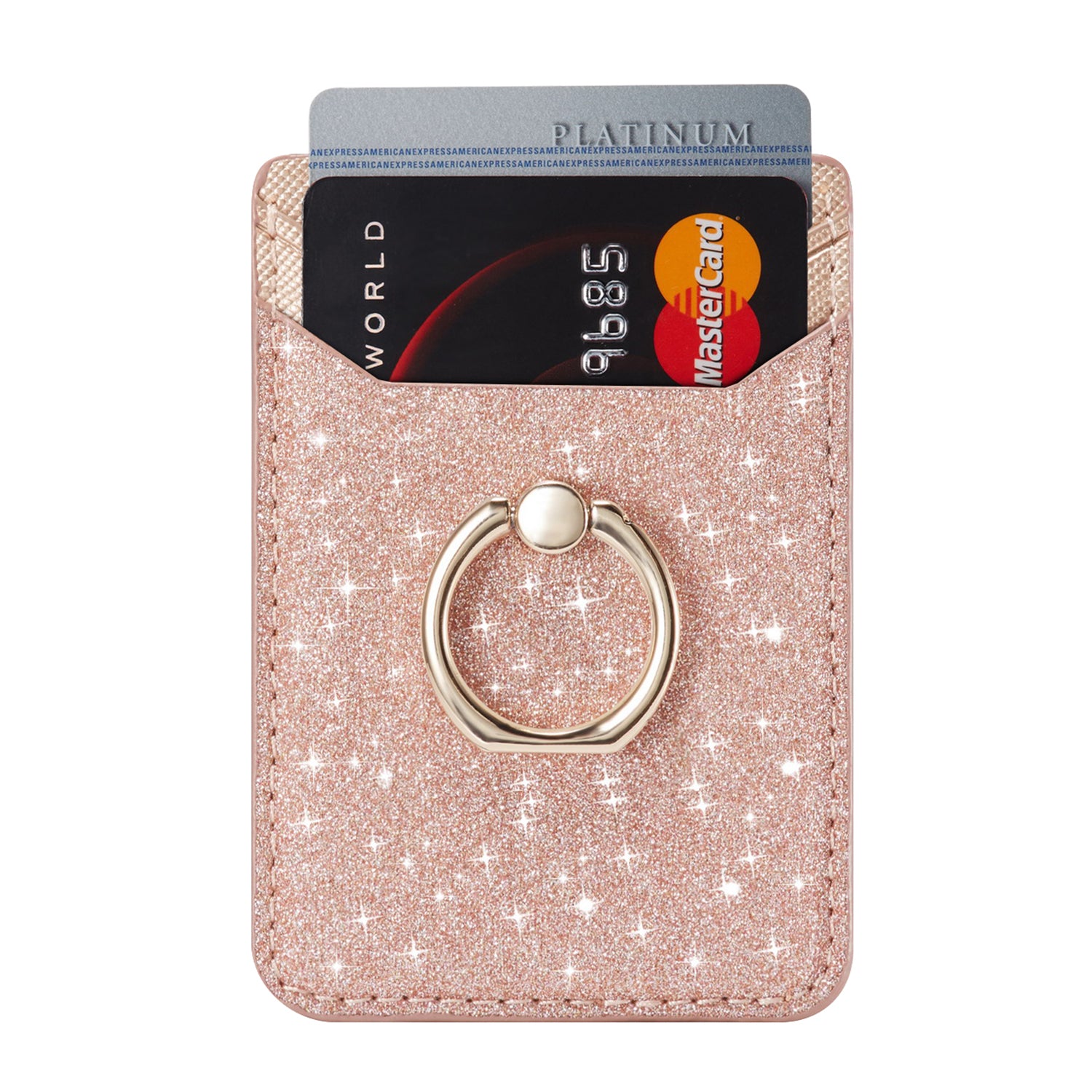 MUXMA MX112 RFID Blocking Adhesive Phone Card Holder Glittery Bling PU Leather Card Slot Pocket with Ring Stand