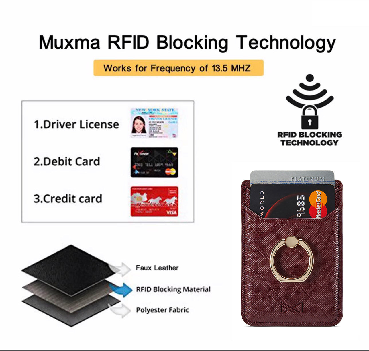 MUXMA MX112 Cross Texture Leather Phone Card Holder Ring Stand RFID Blocking Adhesive Credit Card Slot