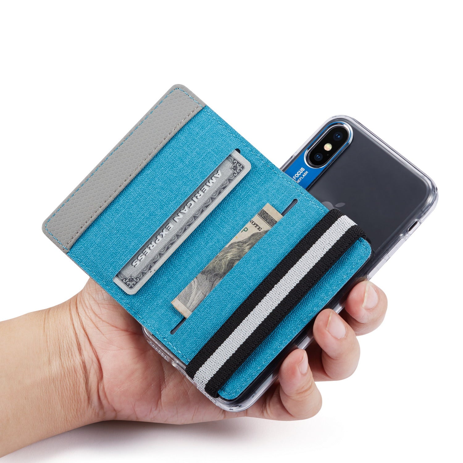 MUXMA MX110 Phone Card Holder Elastic Band Grip Phone Wallet RFID Blocking Adhesive Stick On Credit Card Pocket for Back of Phone Case