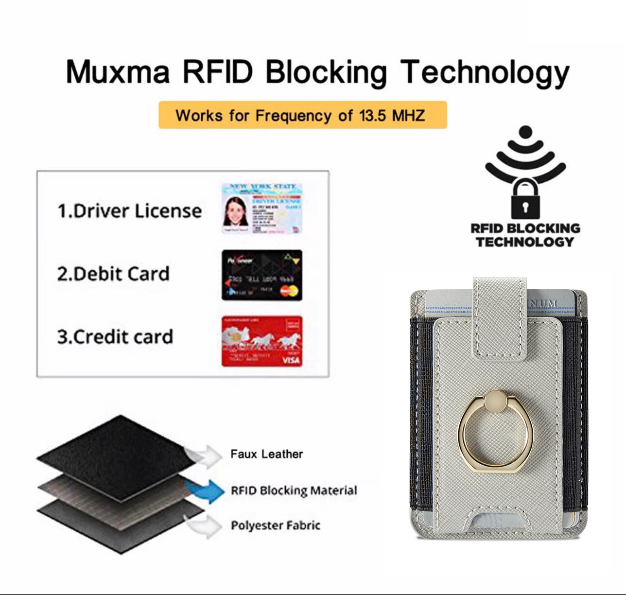 MUXMA MX116-8 Phone Card Holder RFID Blocking Sleeve for Back of Phone Adhesive Stick-on Credit Card Wallet Pocket with Ring Grip