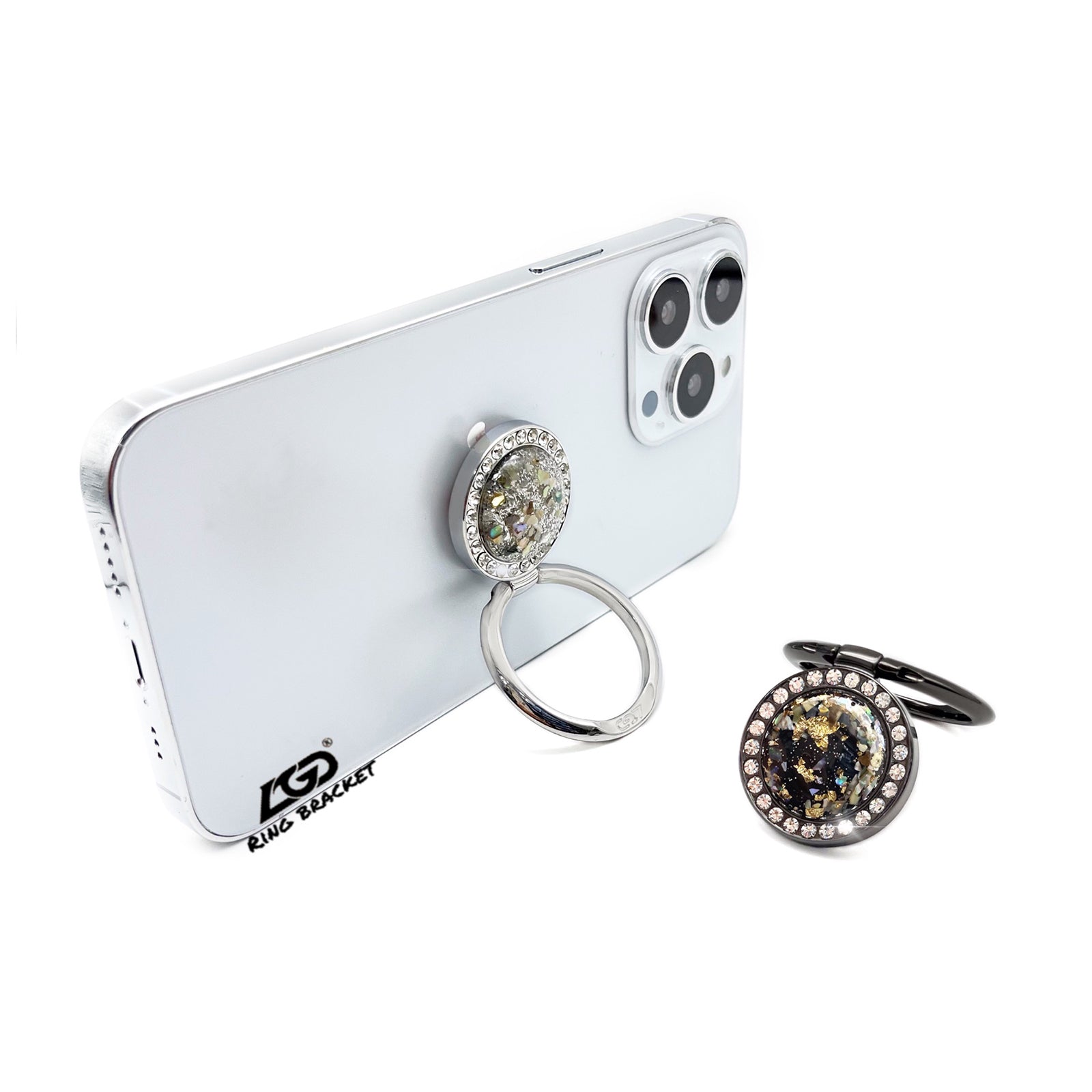 LGD Q01 Finger Ring Phone Holder Rhinestone Decor Glitter Gold Foil Zinc Alloy Cellphone Stand Kickstand