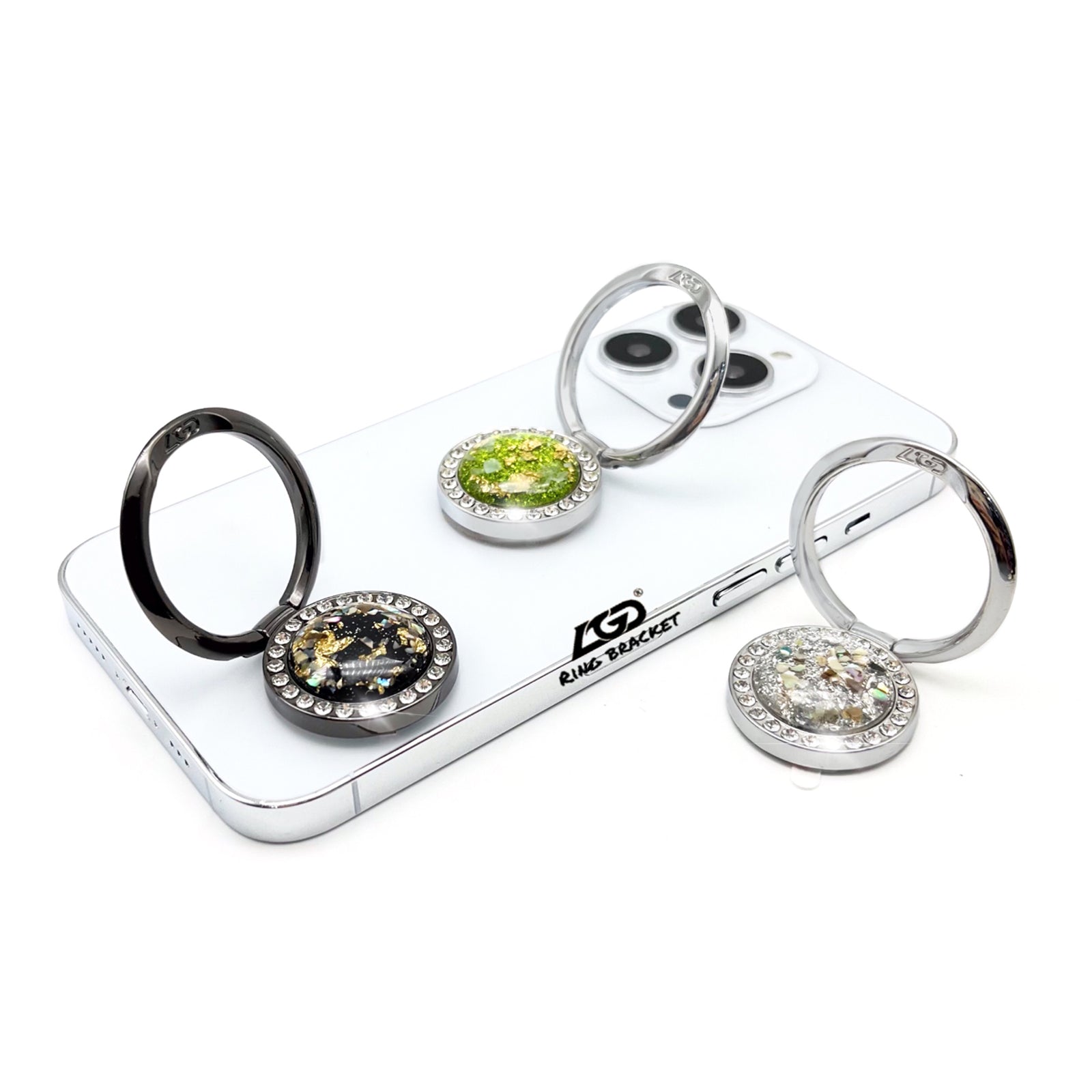 LGD Q01 Finger Ring Phone Holder Rhinestone Decor Glitter Gold Foil Zinc Alloy Cellphone Stand Kickstand