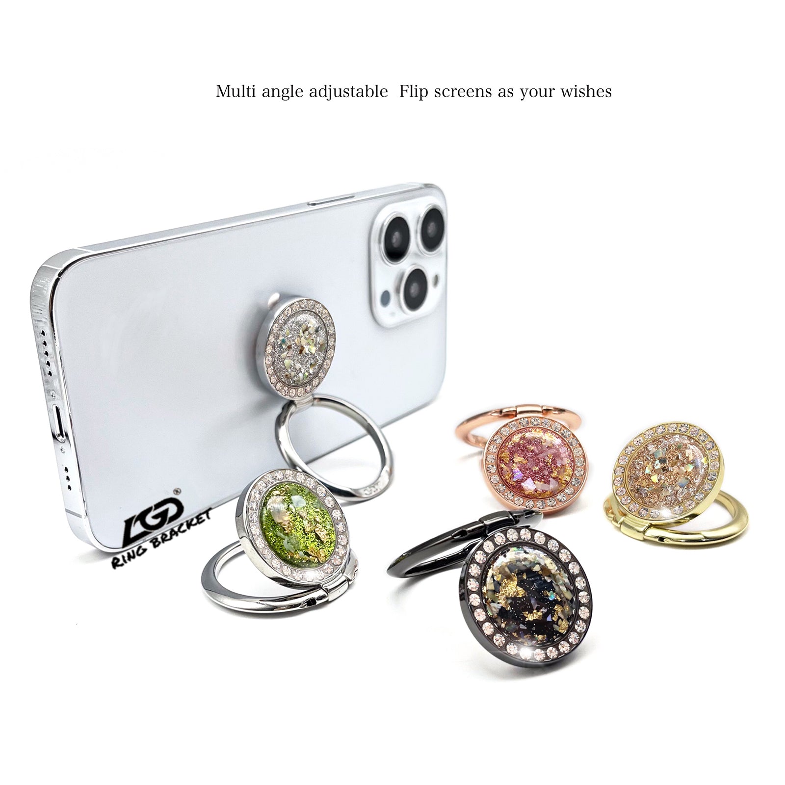 LGD Q01 Finger Ring Phone Holder Rhinestone Decor Glitter Gold Foil Zinc Alloy Cellphone Stand Kickstand