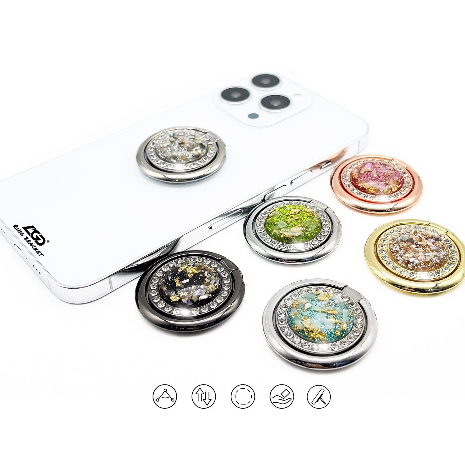 LGD Q01 Finger Ring Phone Holder Rhinestone Decor Glitter Gold Foil Zinc Alloy Cellphone Stand Kickstand