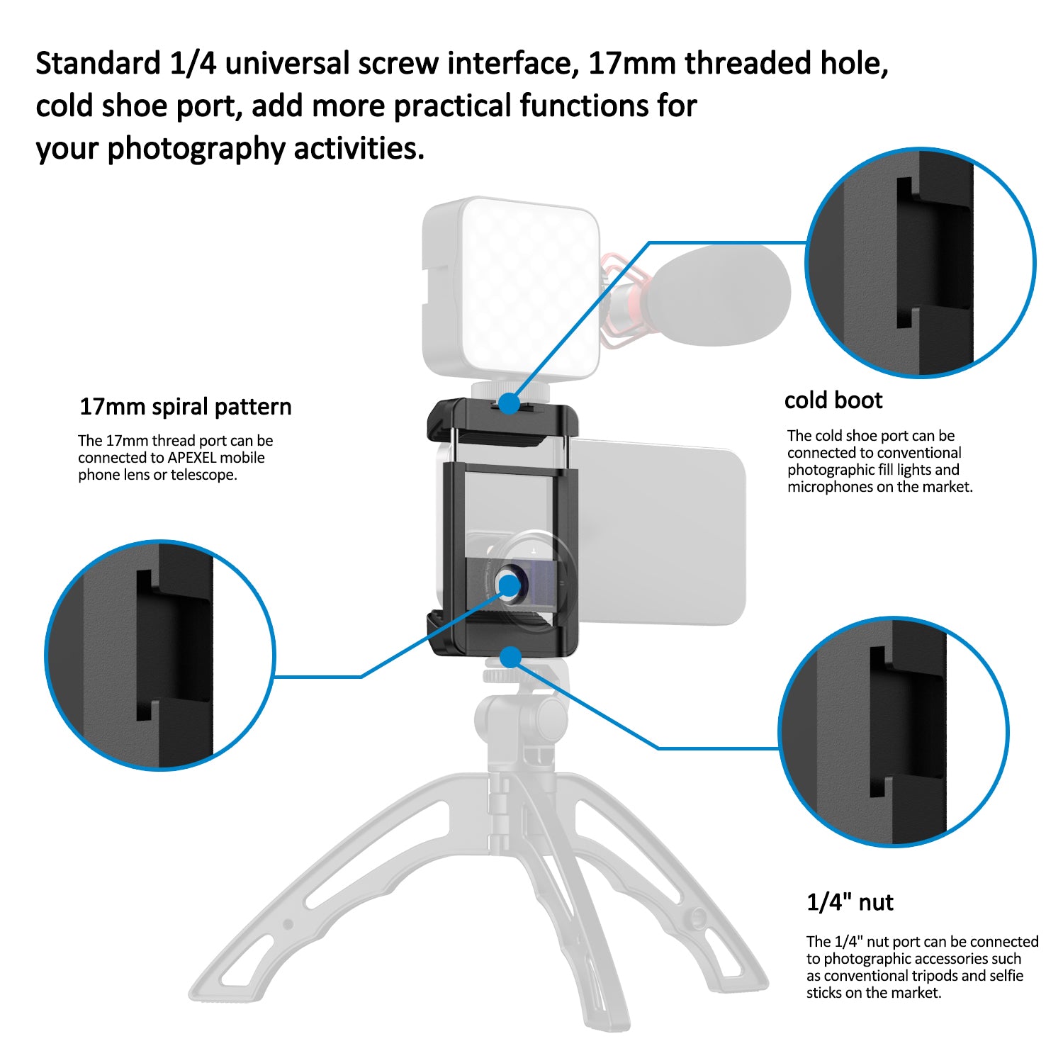 APEXEL F001 Portable Smartphone Clip Cage External Camera Clip with 1/4 Inch Screw Hole for Selfie Stick Camera Stand Tripod Mount