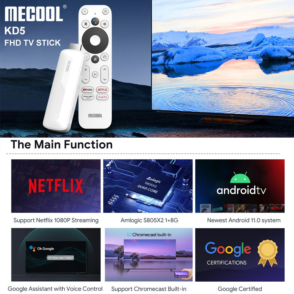 MECOOL KD5 Smart TV Stick TV Box Android 11 ATV Google Certified Amlogic S805X2 1GB 8GB DDR4 2.4G 5G WiFi BT AV1 TV Dongle (1 8G)
