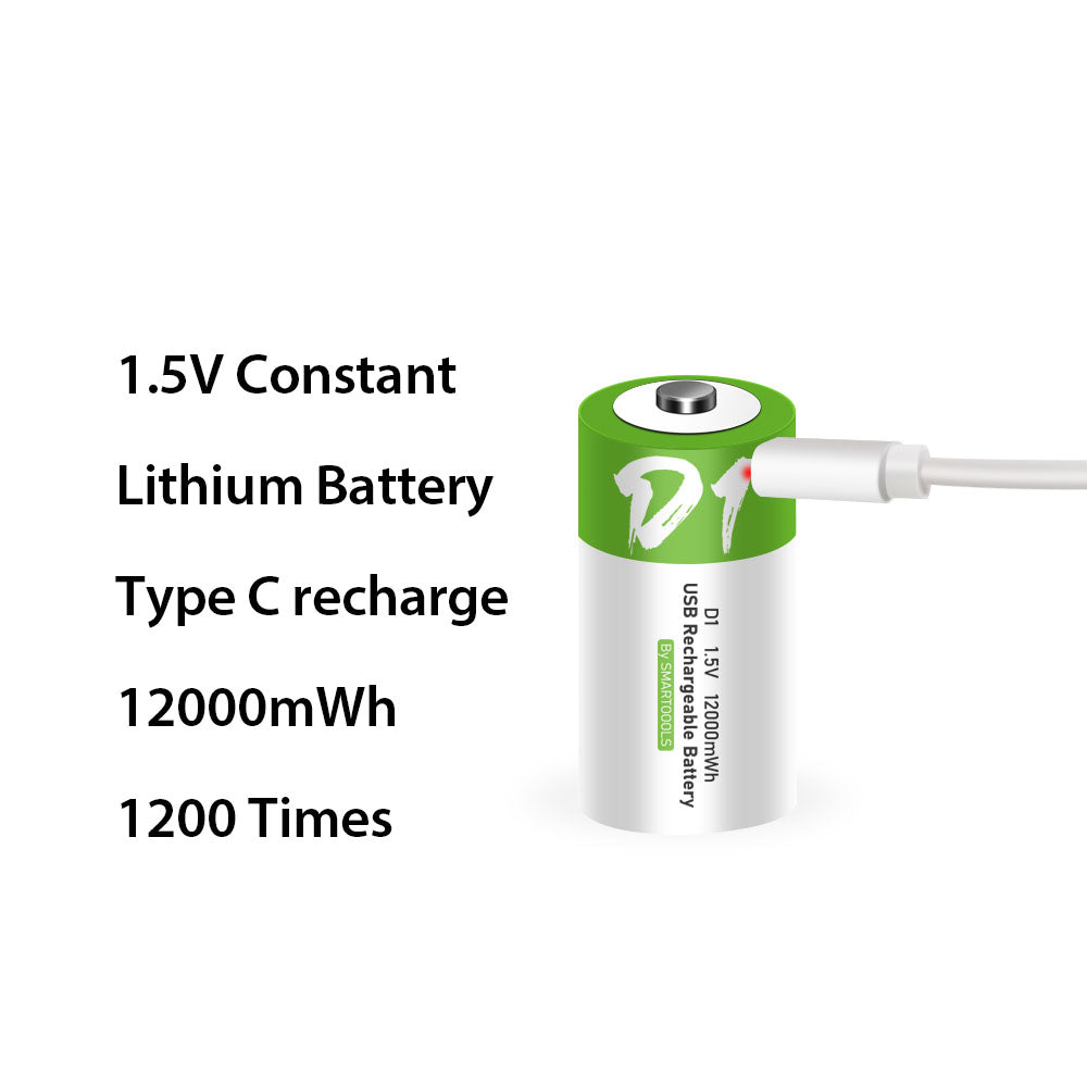 SMARTOOOLS 2Pcs 12000mWh 1.5V D Batteries Rechargeable Li-ion Batteries for Flashlight Quartz Clock