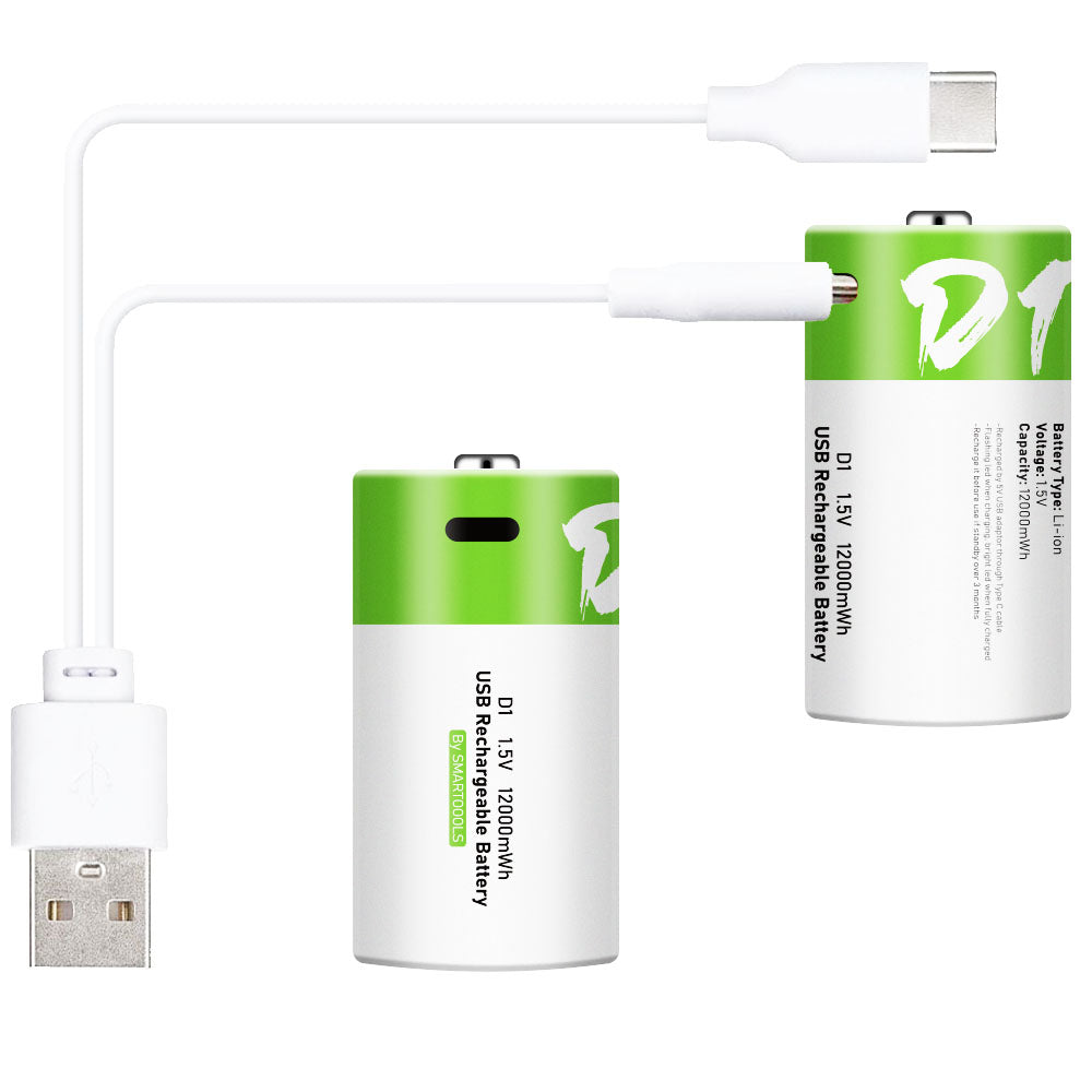 SMARTOOOLS 2Pcs 12000mWh 1.5V D Batteries Rechargeable Li-ion Batteries for Flashlight Quartz Clock