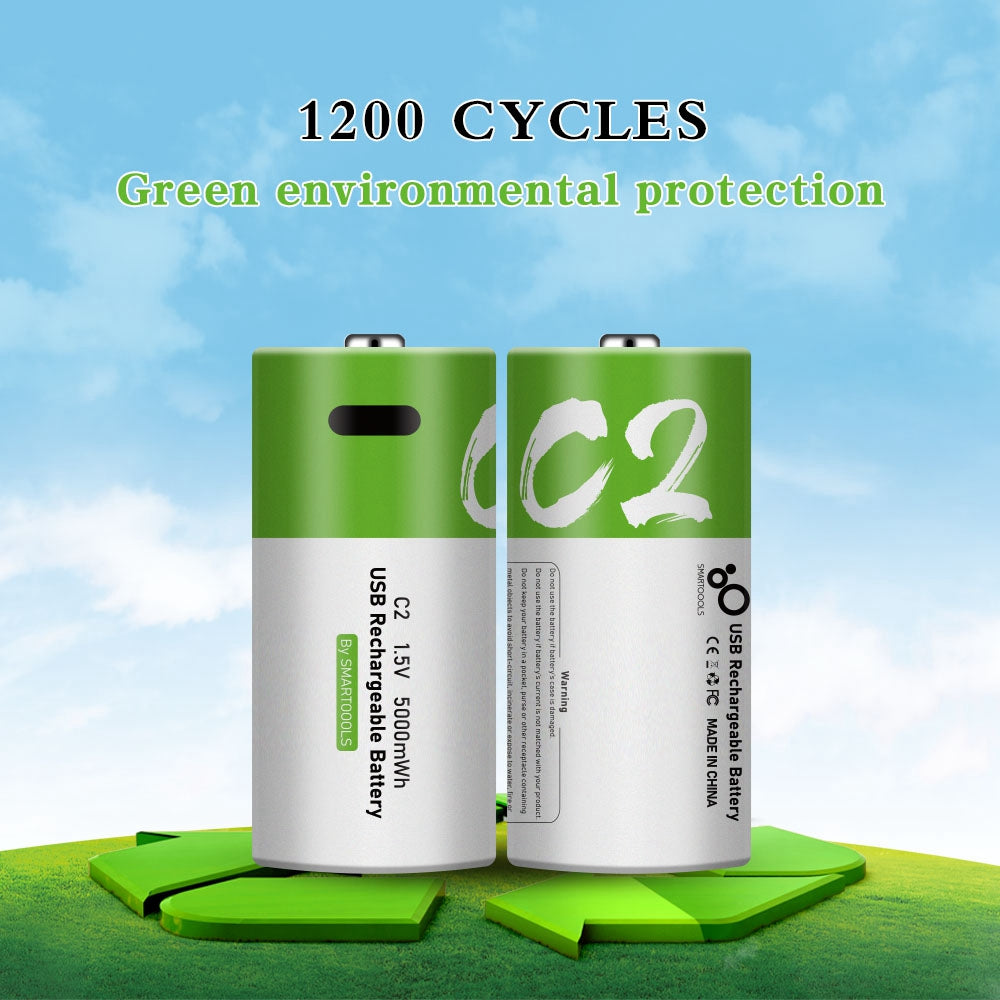 SMARTOOOLS 2Pcs 1.5V 5000mWh C Size Battery Rechargeable C2 Lithium Batteries for Water Gas Meter Radio Shaver