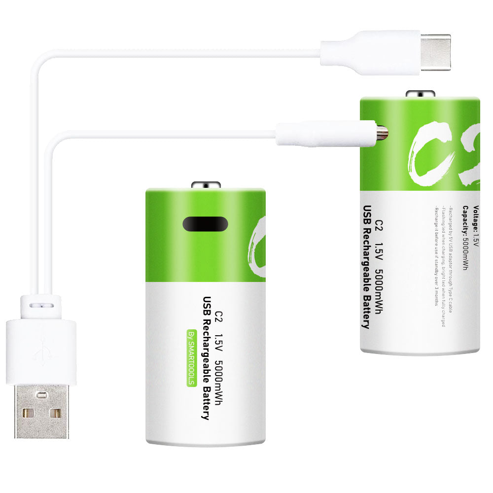 SMARTOOOLS 2Pcs 1.5V 5000mWh C Size Battery Rechargeable C2 Lithium Batteries for Water Gas Meter Radio Shaver