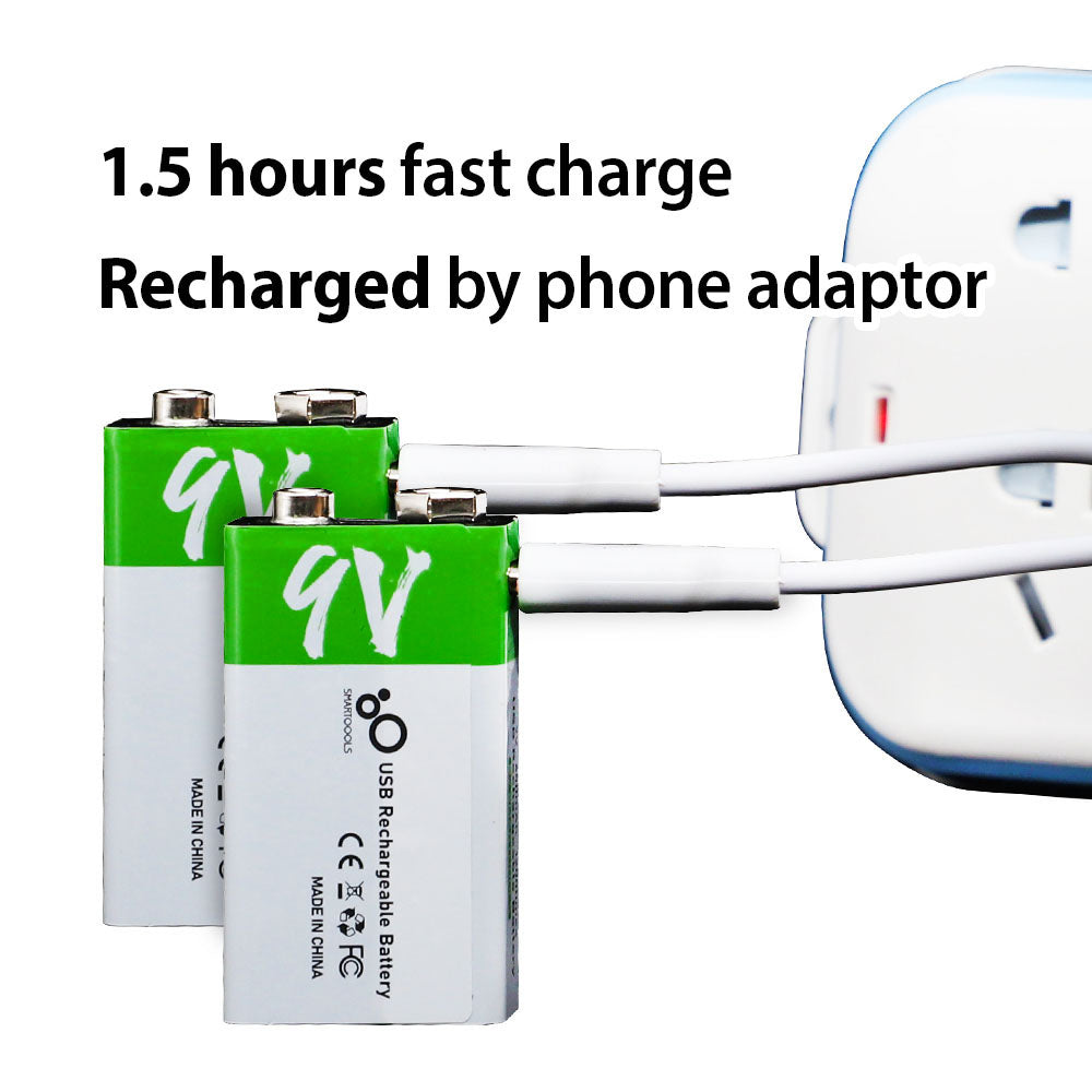 SMARTOOOLS 2Pcs 9V 650mAh Rechargeable Battery Type-C Charging 1.5h Rapid Recharge Lithium-ion Battery