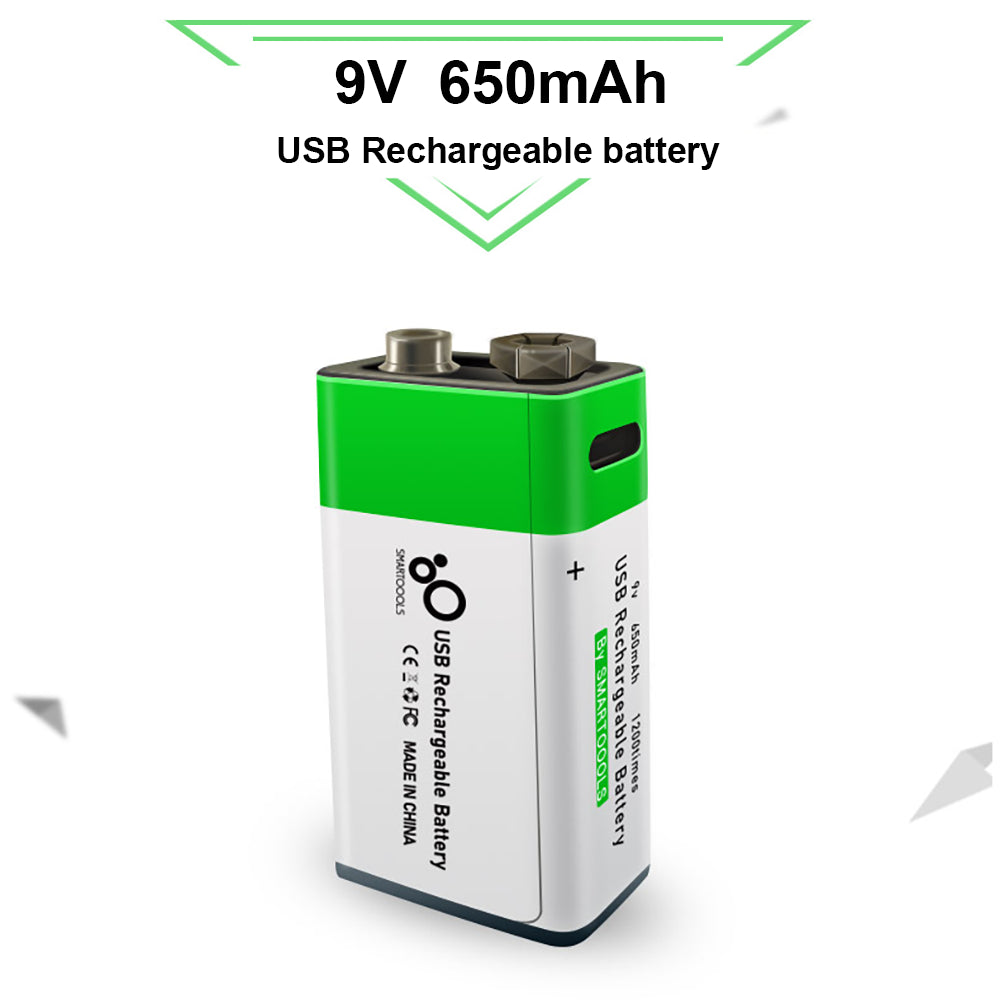 SMARTOOOLS 2Pcs 9V 650mAh Rechargeable Battery Type-C Charging 1.5h Rapid Recharge Lithium-ion Battery