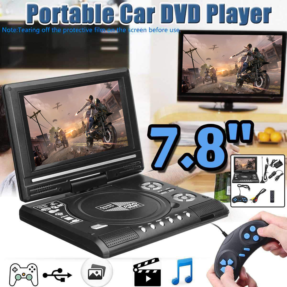 7.8 inch HD LCD Screen Portable DVD with TV Player Support SD MMC Card Game Function USB Port