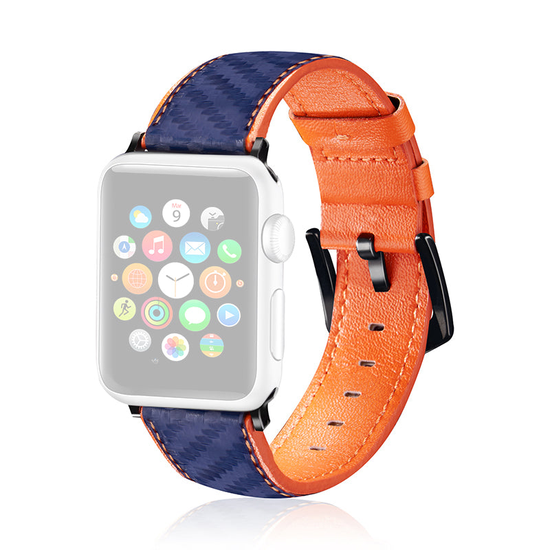 Carbon Fiber Texture Cowhide Leather Watch Band Wrist Strap for Apple Watch Series 9 8 7 41mm 6 5 4 SE (2023) SE(2022) SE 40mm 3 2 1 38mm