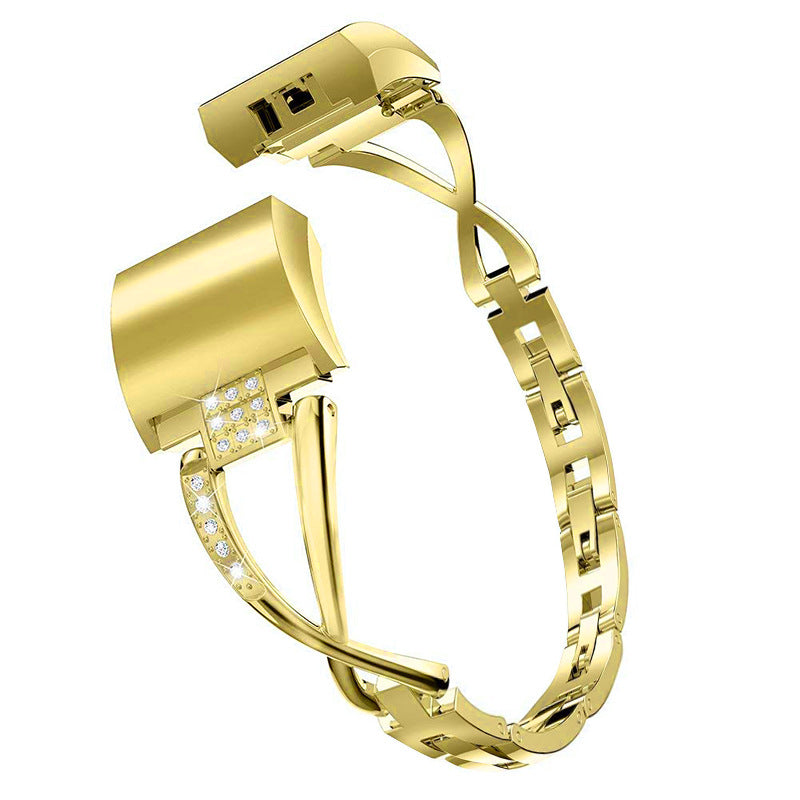 Aluminum Alloy X-shaped Watch Strap with Rhinestones Decor Smart Watch Band Wrist Strap for Fitbit Charge 6 5