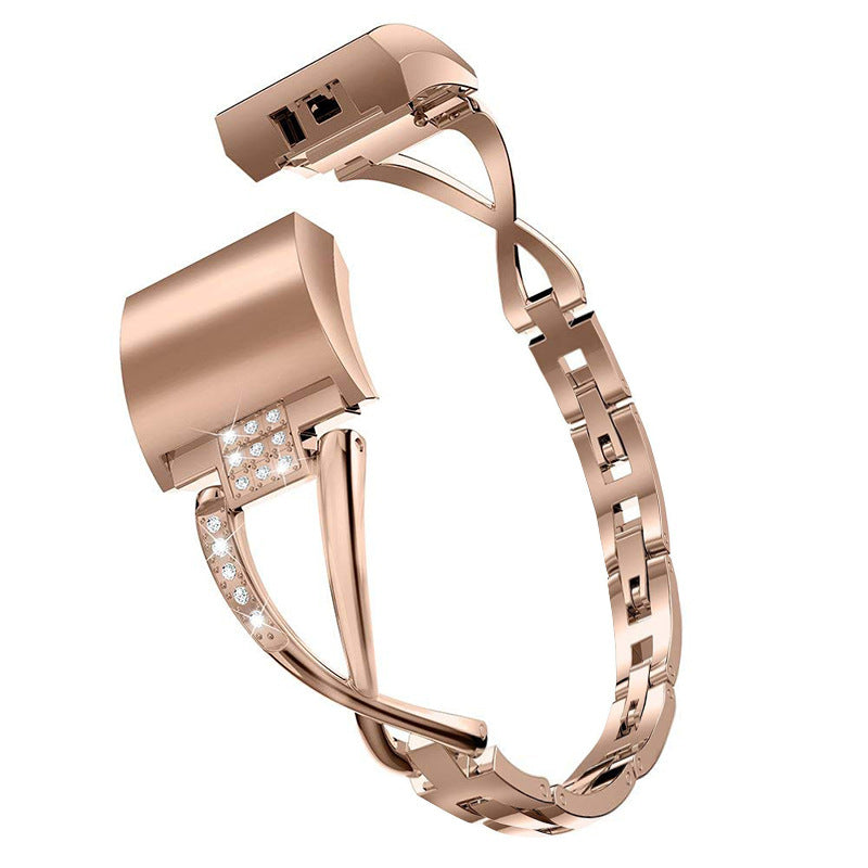 Aluminum Alloy X-shaped Watch Strap with Rhinestones Decor Smart Watch Band Wrist Strap for Fitbit Charge 6 5