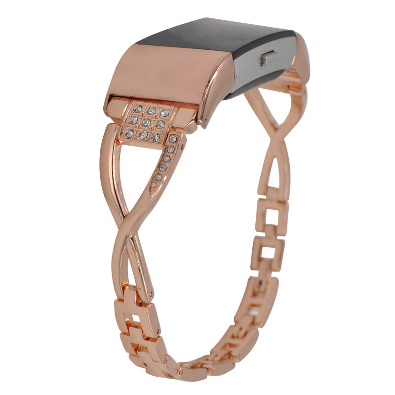 Aluminum Alloy X-shaped Watch Strap with Rhinestones Decor Smart Watch Band Wrist Strap for Fitbit Charge 6 5