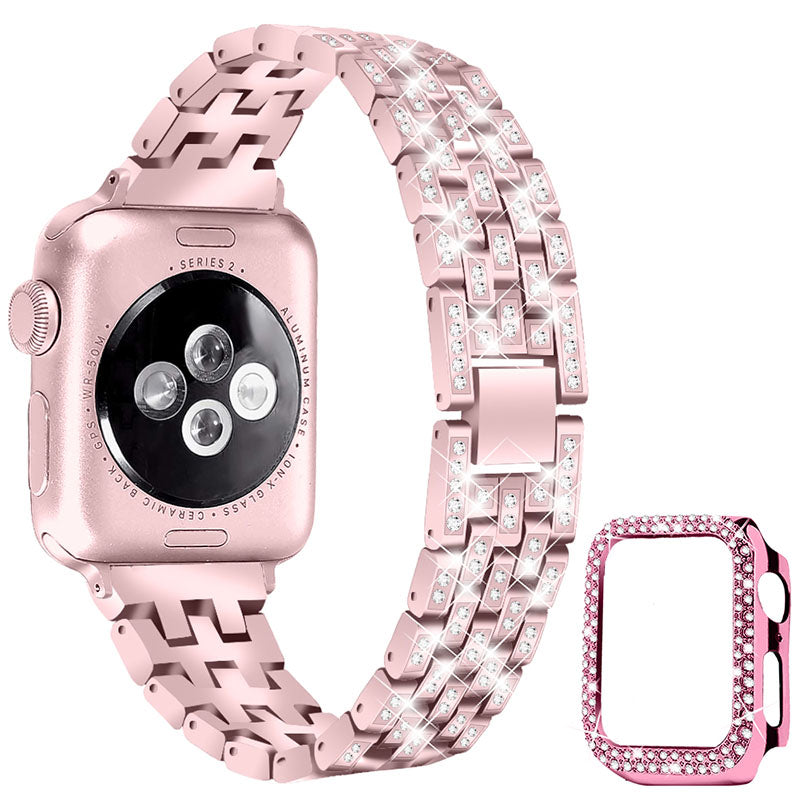 Five Beads Rhinestone Metal Watch Band + Anti-fall Protective Cover Case for Apple Watch SE 40mm Series 6 5 4 40mm