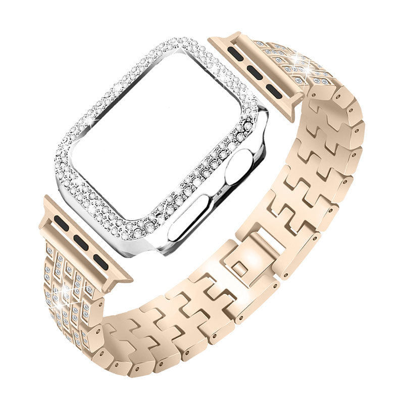 Five Beads Metal Smart Watch Band Wrist Strap + Rhinestone Decor Watch Case for Apple Watch SE 44mm SE (2022) 44mm SE (2022) 44mm Series 6 5 4 44mm