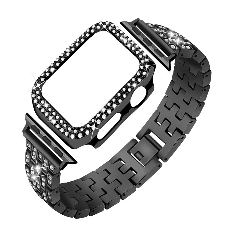 Replacement 5 Beads Rhinestone Decor Stainless Steel Watchband + PC Watch Case Protective Cover for Apple Watch Series 3 2 1 38mm
