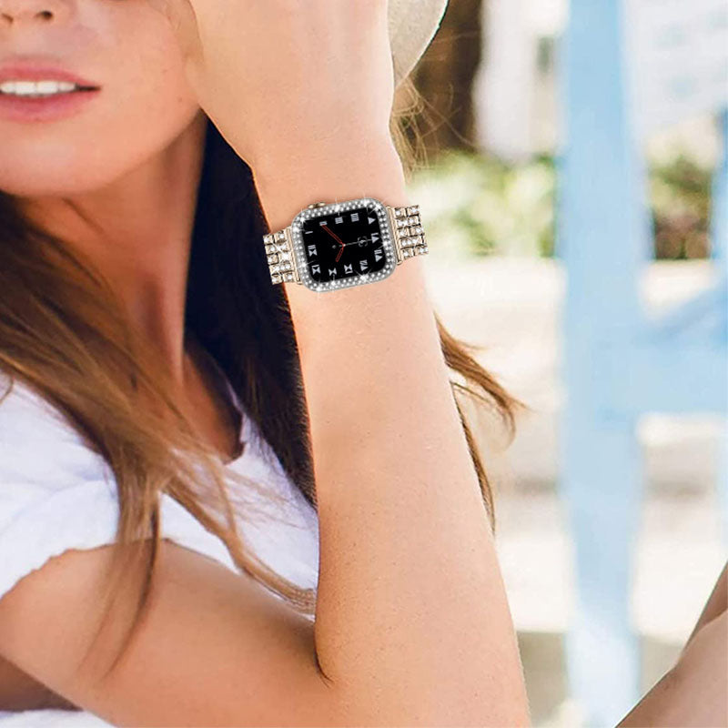 iWatch Rhinestone Decor Stainless Steel 5 Beads Watch Strap + PC Watch Case Protective Cover for Apple Watch Series 7 41mm