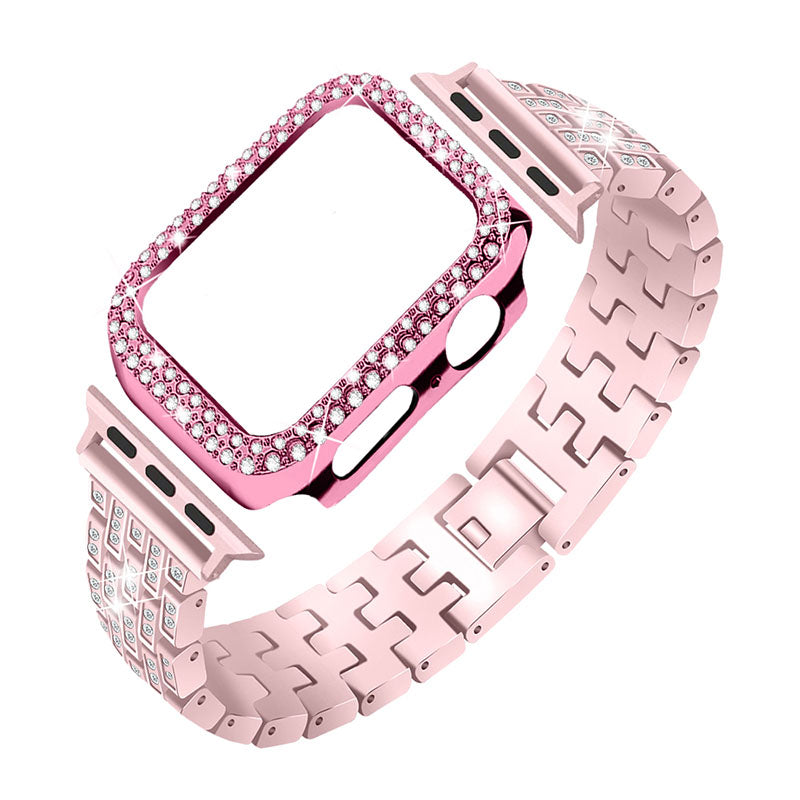 5 Beads Rhinestone Decor Stainless Steel Watch Strap + PC Watch Case Protective Cover for Apple Watch Series 7 45mm