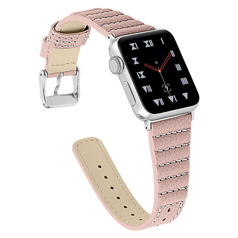 Wave Texture Cowhide Genuine Leather Watchband Smart Watch Strap for Apple Watch Series 9 8 7 41mm 6 5 4 SE (2023) SE(2022) SE 40mm 3 2 1 38mm