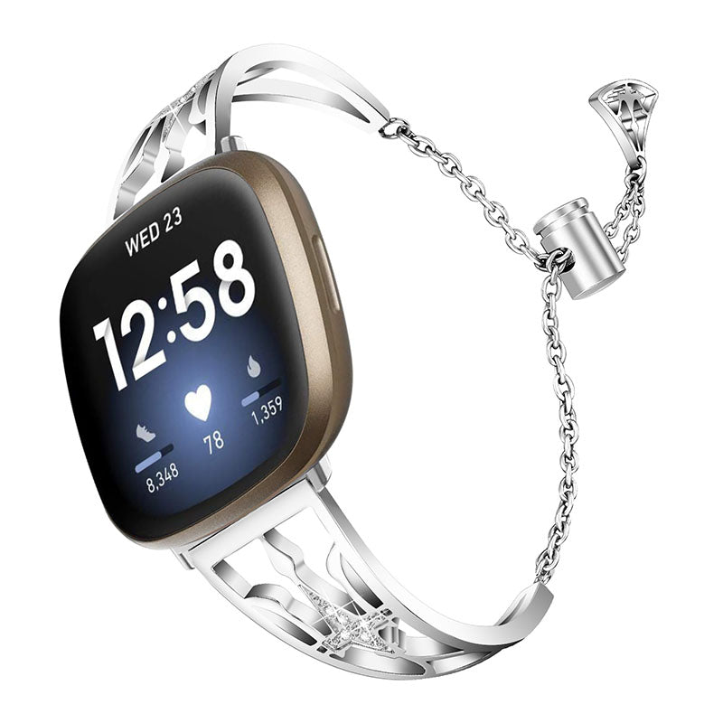 Replacement Bracelet Watch Band Hollowed-out Rhinestone Stainless Steel Wristband Strap for Fitbit Versa 3 Sense