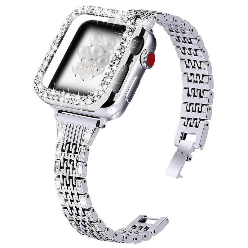 7 Beads Stainless Steel Rhinestone Watch Strap + Scratch-resistant PC Watch Case Cover Replacement for Apple Watch Series 7 45mm