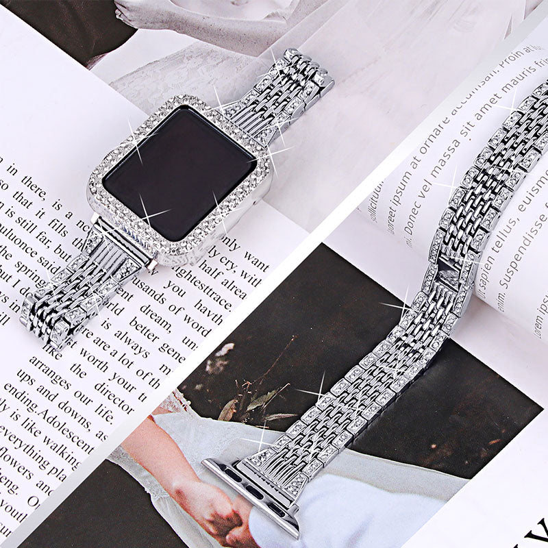 7 Beads Stainless Steel Rhinestone Watch Strap + Scratch-resistant PC Watch Case Cover Replacement for Apple Watch Series 7 45mm
