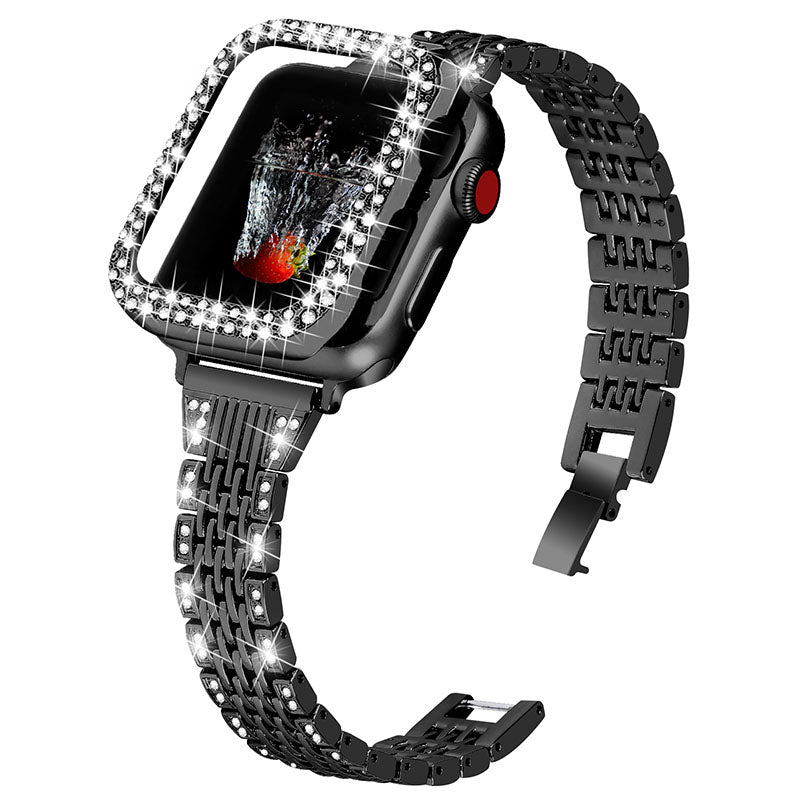7 Beads Stainless Steel Rhinestone Watch Strap + Scratch-resistant PC Watch Case Cover Replacement for Apple Watch Series 7 45mm