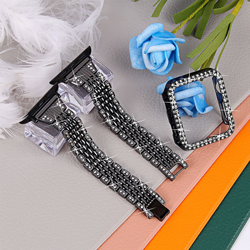 7 Beads Stainless Steel Rhinestone Watch Strap + Scratch-resistant PC Watch Case Cover Replacement for Apple Watch Series 7 45mm