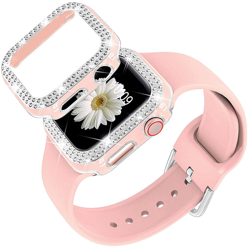 Rhinestone Decor Watch Frame Cover Silicone Watch Strap Replacement for Apple Watch Series 1 2 3 38mm